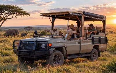 Safari jeep with four passengers in hats driving across a sunlit savanna, with distant grazing wildlife visible.